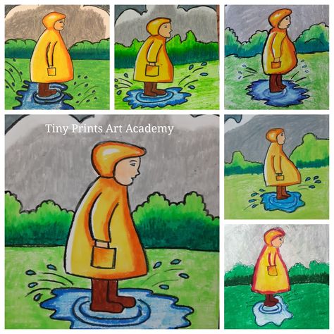 Art For Grade 1, Rainy Drawing, Raincoat Drawing, Rainy Scenery, Scenery For Kids, Rainy Art, Rainy Day Drawing, Basic Drawings, Memory Drawing