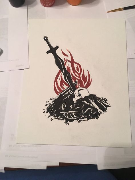 Bonfire for my Boyfriend (Dark Souls themed Christmas gift) Drawing Ideas Dark, Dark Souls Tattoo, Soul Tattoo, Bloodborne Art, Demon Souls, Fire Tattoo, Dark Souls 3, Dark Souls Art, Gaming Tattoo