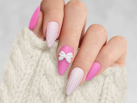 coquette pink bow press on nails, custom hand painted nails by DawnElleDesigns on Etsy Pink Bow Acrylic Nails, Pink Bow Nail Designs, Nails Acrylic Bow Design, Bows Nail Art Designs, Cute Pink Nails With Bows, Pink Ribbon Nails, Hand Painted Nails, Shape Chart, Alcohol Wipes