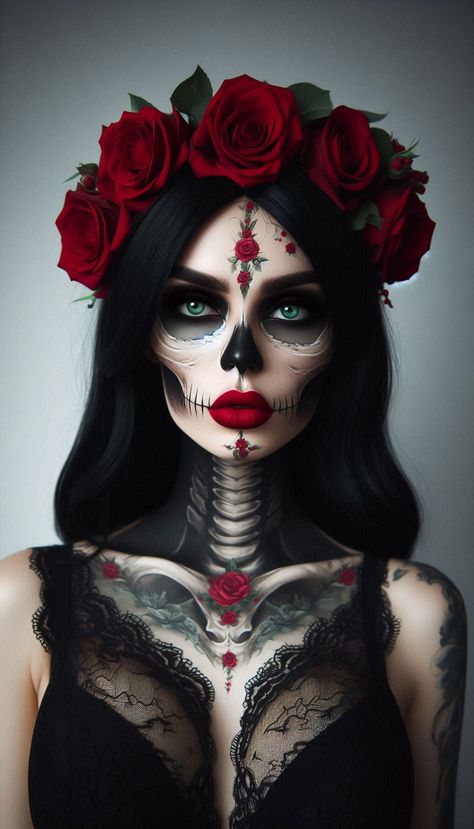 Skull Costume Makeup, Black Catrina Makeup, Womens Halloween Face Paint, Womens Skull Makeup, Half Dia De Los Muertos Makeup Ideas, Mexican Sugar Skull Makeup, Easy Catrina Costume, Sugar Skull Costume Ideas, Half Face Catrina Makeup