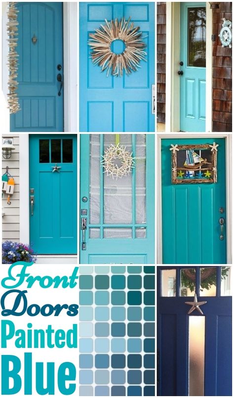 Paint your front door blue for coastal appeal. Blue paint ideas for the front door featured on Completely Coastal. Then add some coastal decorations to your blue painted front door! Beach Blue Front Door, Turquoise Doors Front Entrance, Shed Door Color Ideas, Teal Blue Front Door, Turquoise Doors On Houses, Beach House Front Door Colors, Exterior Door Paint Ideas, Turquoise Front Door Colors, Coastal Front Door Colors