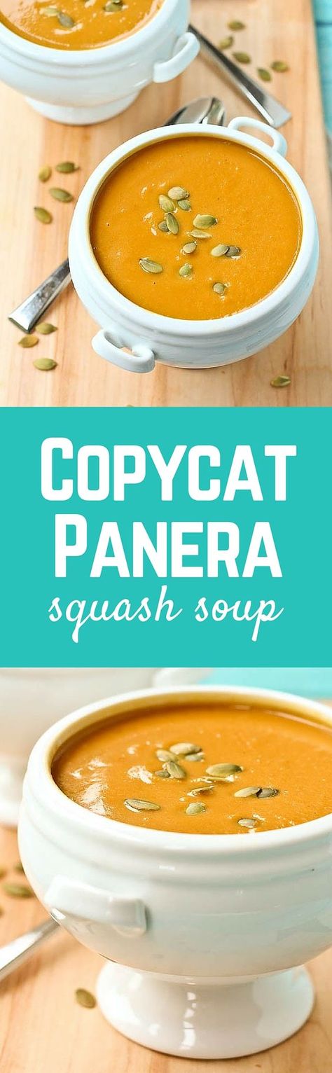 This Copycat Panera Bread Squash Soup tastes just like the original, but I made it a bit healthier! Get the easy fall soup recipe on RachelCooks.com! Panera Bread Pumpkin Soup, Panera Squash Soup, Autumn Squash Soup Recipe, Copycat Panera Bread, Panera Autumn Squash Soup, Autumn Squash, Copycat Panera, Butternut Soup, Squash Soup Recipe