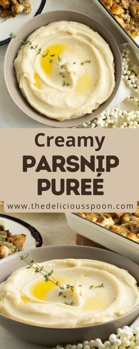 Sweet and nutty with a creamy texture parsnip pureé makes a terrific easy weeknight side to go with roast pork, beef or turkey. #parsniprecipes #parsnips #easysidedishes #thanksgivingsidedishes #parsnippuree #parsnippureerecipe #simplesides