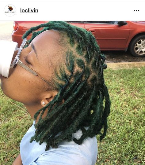 green locs - love Black And Blonde Skunk Stripe Locs, Emerald Green Locs Black Women, Dark Green Locs Black Women, Green And Blonde Locs, Locs With Dyed Tips, Green And Black Locs, Dark Green Locs, Green Locs Black Women, Green Locs