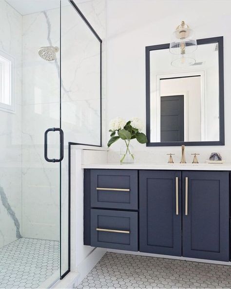 26 Navy Blue Bathroom Vanity Ideas to Give Your Restroom a Royal Makeover Navy Blue Bathrooms, Navy Bathroom, Blue Bathroom Vanity, Blue Vanity, Bathroom Vanity Designs, Floating Vanity, Upstairs Bathrooms, Blue Bathroom, Bathroom Wallpaper