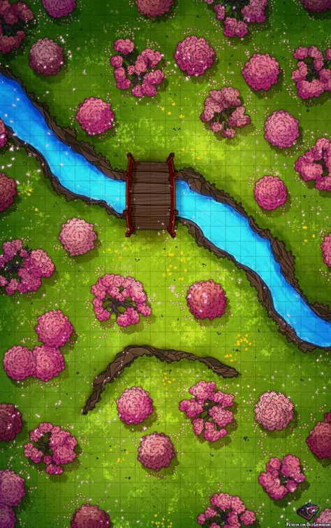 Cherry Blossom Creek (22x35) Public | Dice Grimorium on Patreon Mega Dungeon, Dnd Locations, Grid Rpg, Dnd Battle Maps, Dm Ideas, Forest Map, Roleplay Ideas, Dnd World, Dnd World Map