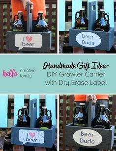 Learn how to make a DIY Growler Carrier out of upcycled wood. This project makes a great gift idea for beer drinkers and craft beer enthusiasts. Christmas Gifts Men, Growler Carrier, Beer Basket, Hello Family, Handmade Wrapping Paper, Gifts Homemade, Creative Holiday Gifts, Upcycled Wood, Christmas Gifts To Make