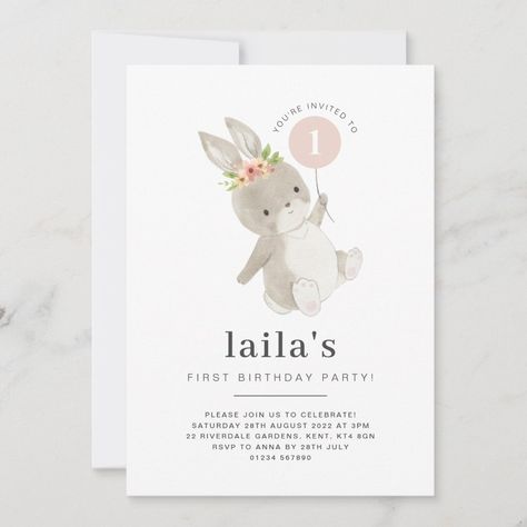 Bunny First Birthday, Bunny Birthday Theme, Baby Birthday Party Theme, Bunny Invitations, Birthday Invitation Pink, Etsy Invitations, Bunny Birthday Party, Baby Birthday Invitations, Bunny Party