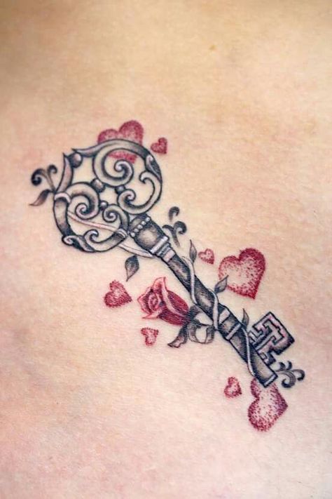 Forearm Key Tattoo Women, Padlock And Key Tattoo, Alice In Wonderland Key Tattoo, Key Tattoo With Flowers, Key Name Tattoo, Small Key Tattoos For Women, Grandchild Tattoos, Grandchild Tattoo Ideas, Key Tattoo Designs For Women