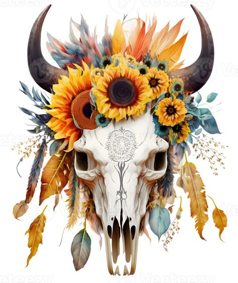 Bull Skull With Flowers, Cute Iphone Wallpaper Tumblr, Ocean Drawing, Skull With Flowers, Graphics Vintage, Vibrant Bouquet, Temporary Tattoo Designs, Floral Clipart, Bull Skull