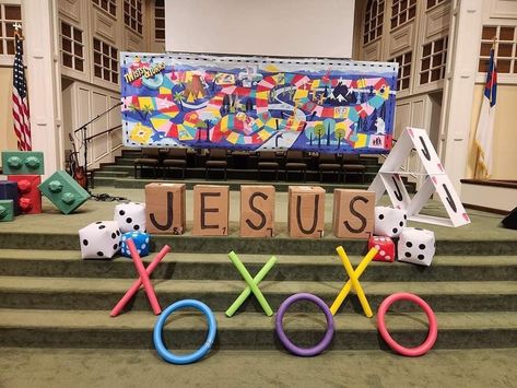 Game Board Decorating Ideas, Twist And Turns Vbs 2023, Vbs 2023 Twists And Turns, Twists And Turns Vbs, Game Vbs, Maths Classroom Displays, Candy Poems, Board Game Themes, Kids Church Lessons