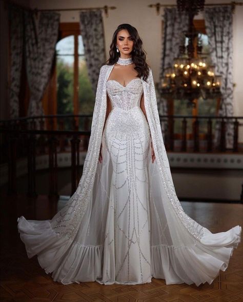 Extravagant Wedding Dresses, Baju Kahwin, Cape Wedding Dress, Extravagant Wedding, Long Train Wedding Dress, Classy Wedding Dress, Stylish Wedding Dresses, Pretty Wedding Dresses, Fancy Wedding Dresses