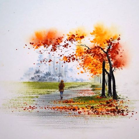 Watercolour Autumn Landscape, Autumn Trees Watercolor, Autumn Tree Watercolor, Fall Forest Watercolor, Autumn Forest Watercolor, Autumn Forest Painting, Misty Autumn, Oil Pastel Landscape, Loose Watercolour