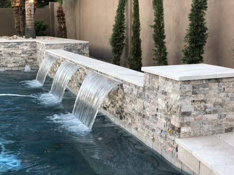 Pool Waterfall Wall Ideas, Small Pool Water Features, Inground Pool Waterfall Ideas, Pool Water Feature Wall, Pool Waterfalls, Pool Paradise, Pools Ideas, Pool Building, Geometric Pool