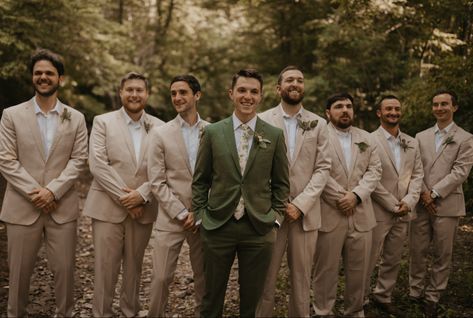 Groom In Green Groomsmen In Tan, Green And Tan Groomsmen, Sage Green Groomsmen Attire, Green Groomsmen Attire, Terracotta Wedding Party, Sage Green Groomsmen, Groom In Green, Green Groomsmen, Tan Groomsmen