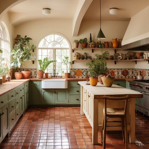 Witchy Kitchen Design, Kitchen Witch Kitchen, Witches Kitchen Inspiration, Kitchen Ideas Natural, Natural Kitchen Ideas, Tiled Kitchen Countertops, Kitchen Inspo Aesthetic, Green Tile Kitchen, Kitchen Green Cabinets