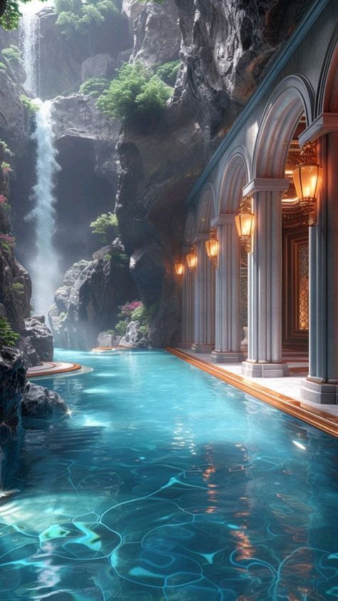 Luxury Resort Design, Castle House Design, Movie Bloopers, Indoor Waterfall, Water House, Waterfall Design, Castles Interior, Pool Waterfall, Outdoor Living Design