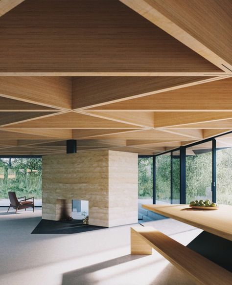 Wood Ceiling Design, Mini Chalet, Geometric Ceiling, Exposed Beams Ceiling, Australia House, Wood Ceiling, Modern Houses Interior, Wood Structure, Exposed Beams