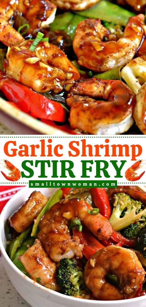 Whip up this simple dinner under 30 minutes! Your family will love this quick and easy meal with stir fried shrimp and vegetables in a salty-sweet garlic ginger Asian sauce. Save this garlic shrimp stir fry recipe! Garlic Shrimp Stir Fry, Ginger Asian, Stir Fry Shrimp Recipes, Wok Recipes, Sweet Pork, Shrimp And Vegetables, Shrimp Stir Fry, Honey Garlic Sauce, Asian Sauce