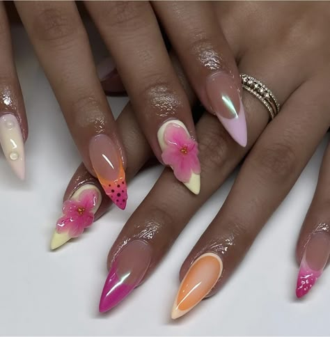 Long Nails Almond, Almond Acrylic Nails Designs, 3d Flower Nails, Custom Press On Nails, Airbrush Nails, Classy Acrylic Nails, Exotic Nails, Almond Acrylic Nails, Party Nails