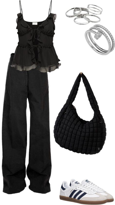 Black Sando Outfit Women, Black Sando Outfit, Sando Outfit Women, Sando Outfit, Black Sando, Ideas For Rings, Sambas Black, Adidas Samba Og White, Black Outfit Ideas