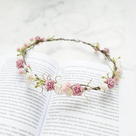 Greenery Crown, Ribbon Head, Bridesmaid Crown, Mauve Blush, Rose Flower Crown, Boho Flower Crown, Flower Tiara, Floral Composition, Bridal Flower Crown