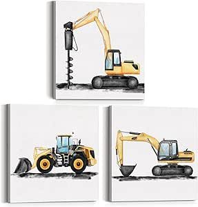 Yuzi-n Set of 3 Construction Truck Nursery Posters Canvas Wall Art & Tabletop Decoration for Home Boys Bedroom Playroom, Digger Dump Truck Vehicle Art Canvas Prints Easel & Hanging Hook 12x12 Inch Construction Truck Nursery, Construction Nursery, Truck Nursery, Construction For Kids, Nursery Canvas, Nursery Paintings, Nursery Poster, Bedroom Playroom, Boys Bedroom Decor