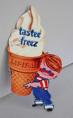 VINTAGE ICE CREAM TASTEE FREEZ SIGN. "EAT IT ALL" BOY YUM! Tastee Freeze, Cake Cone, Cake In A Cone, Rummage Sale, Crystal Ice, Vintage Ice Cream, Retro Items, Vintage Restaurant, Old Advertisements