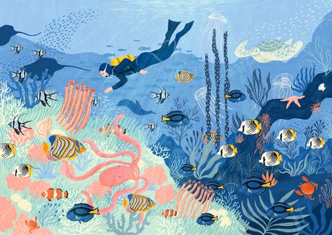 Coral reef ecosystems illustrated by Gisele Murias🥲 Ecosystem Illustration, Good Illustration, Illustrator Portfolio, Ocean Illustration, Graphic Arts Illustration, Desktop Wallpaper Art, Picture Books Illustration, Children's Illustration, Artist Portfolio