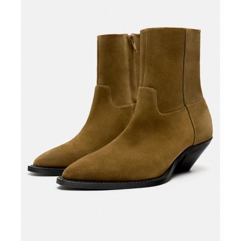 Add A Western Touch To Your Outfit With These Brand New Zara Ankle Booties. Crafted With Medium Brown Suede, These Pointed Toe Boots Feature A Fashionable Cowboy Theme That Makes Them Perfect For Any Casual Occasion. The Zip Closure Ensures A Secure Fit While The Medium Calf Width Provides Comfort And Style. These Versatile Boots Have A Solid Pattern That Complements Any Outfit, And The 6.5 Us Shoe Size Is Perfect For Women Who Prefer A Snug Fit. Get Your Hands On These Boots Today And Add A New Cowboy Ankle Boots, Black Leather Shorts, Casual High Heels, Boots Western, Winter Shoes For Women, Zara Leather, Pointed Toe Boots, High Heel Boots Ankle, Leather Block Heels