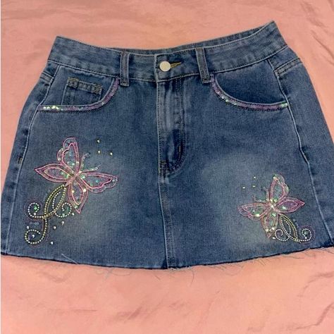 Shein, Never Worn, Brand New Shein Kawaii, Denim Blue Y2k Mini Skirt For Summer, Cheap Denim Y2k Skirt, Y2k Blue Mini Skirt, Y2k Spring Mini Denim Skirt, Y2k High-rise Denim Blue Mini Skirt, Kawaii Butterfly, Embroidered Denim Skirt, Skirts Shein