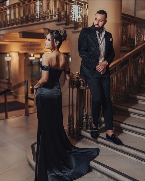 Classy Photoshoot Ideas Couple, Black Tie Anniversary Photos, Couple Poses Fancy, Fancy Photoshoot Classy Family, Black Tie Couple Photos, Boss Couple Photoshoot, Classy Engagement Photoshoot, Mafia Couple Photoshoot, Black Couples Photoshoot Classy