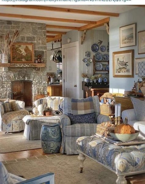 Country Blue Living Room Farmhouse, Cottage Family Room Ideas, Comfy Cottage Living Room, Blue Cottage Living Room, Cottage Style Interior Design, Family Room Design Cozy, Vintage English Cottage Interiors, Woodstove Surrounds, Rustic Cottage Living Room