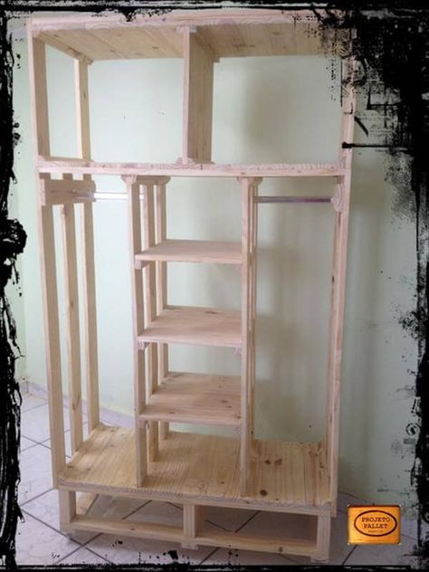 DIY Pallet Closet Organizer Pallet Closet Organizer, Diy Pallet Closet, Pantry Diy, Pallet Closet, Closet Idea, Small Laundry Room Organization, Pallet Crates, Gear Storage, Recycled Pallet