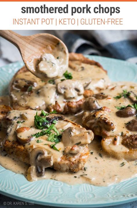 Instant Pot Pork Chops Smothered In Creamy Mushroom Sauce | Keto, Gluten-free, Low-Carb, Pressure Cooker | Guest recipe from Dr. Karen S. Lee's cookbooks 'Keto Cooking With Your Instant Pot' Instant Pot Smothered Pork Chops, Pork Chops Smothered, Smothered Pork Chops Recipe, Gluten Free Instant Pot, Zone Recipes, Instant Pot Pork Chops, Pork Chop Recipes Crockpot, Smothered Pork, Pork Chop Recipes Baked