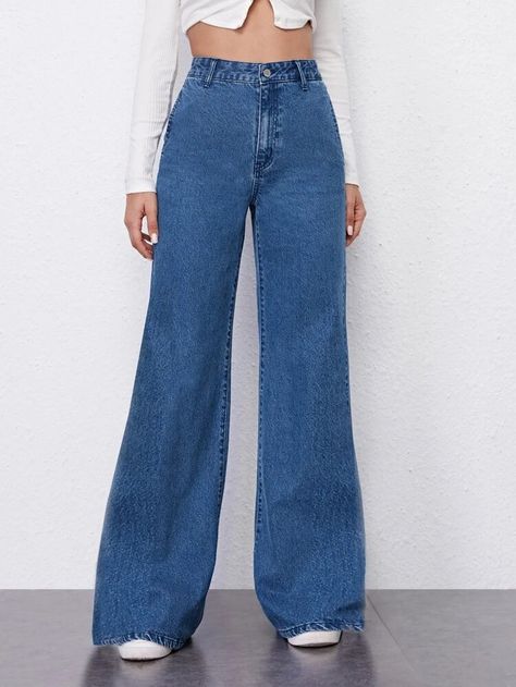 High Waist Palazzo Pants, Palazzo Jeans, High Wasted Jeans, Blue Jean Outfits, Fashion Top Outfits, Fashionista Clothes, Easy Trendy Outfits, Causual Outfits, Modest Fashion Outfits