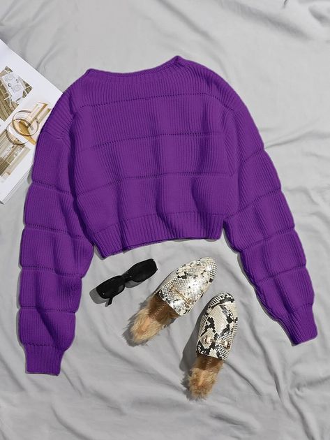 Pullover Outfit, Cropped Pullover, Long Sleeve Knit Sweaters, Crop Sweater, Purple Sweater, Knitted Pullover Sweaters, Trendy Fashion Women, Outfits Casuales, Knitwear Women