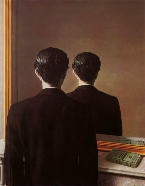 Title: "Not to Be Reproduced" (1937) by René Magritte René Magritte's 1937 painting "Not to Be Reproduced" is a surrealist masterpiece that challenges viewers' perceptions of reality and reflection. The painting depicts a man seen from behind, standing in front of a mirror. Instead of displaying his reflection, the mirror paradoxically shows the back of his head, defying the laws of physics and expectation. This intriguing piece is located at the Museum Boijmans Van Beuningen in Rotterdam. ... Renee Magritte, René François Ghislain Magritte, Magritte Paintings, Magritte Art, Dreamer Trilogy, Magical Paintings, Dale Cooper, Art Flash, Reflection Art