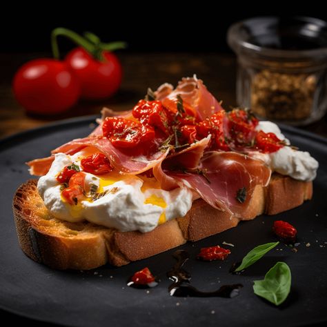 Napa Home Chef | Experience Bruschetta with Burrata, Prosciutto & Roasted Peppers. A restaurant-worthy appetizer recipe perfect for wine menus. Savor Napa, Bite by Bite. Bruchetta Appetizers With Burrata, Proscuitto Bruschetta, Bruchetta Appetizers, Scallop Crudo, Taco Appetizers, Fennel Slaw, Toast Ideas, Napa Home, Ny Strip Steak