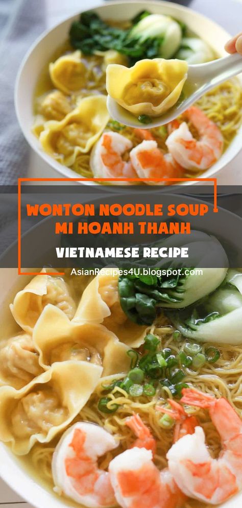 Mì Hoành Thánh is Vietnamese for wonton egg noodle soup. It’s a savory and comforting bowl of pork broth, with delicate shrimp and pork wontons served with delicious chewy egg noodles. #Vietnamese #Recipes #Wonton Pork Wonton Recipe, Egg Noodle Soup, Vietnamese Breakfast, Pork Wontons, Wonton Noodle Soup, Wonton Noodles, Pork Broth, Wonton Recipes, Paleo Recipes Breakfast