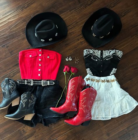 this or that? the answer’s always BOTH! ❤️ . . . . . . . . country concert outfits, western style, trending now, red denim top, black corset top, black cowboy hat, red cowboy boots, summer outfits Black And Red Western Outfit, Boots And Hearts Outfits, Western Themed Outfits, Red Cowboy Hat Outfit, Orville Peck Concert Outfit, Red Country Outfit, Black Country Outfits, Red Cowgirl Outfit, Crew Photoshoot