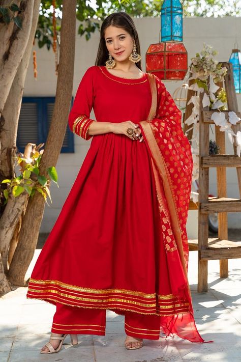 Buy Label Mansi Nagdev Brown Malai Chanderi Nosheen Embroidered Angrakha Anarkali Set Online | Aza Fashions Cotton Anarkali Suits, Kurti Style, Chanderi Dupatta, Red Kurta, Cotton Anarkali, Red Flare, Gota Work, Cotton Kurti Designs, Anarkali Kurta