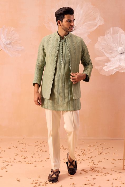 Buy Green Georgette Hand Embroidered Dori Nehru Jacket And Kurta Set For Men by Contrast By Parth Online at Aza Fashions. Sagai Outfit For Men, Mehndi Kurta For Men, Kurta Waistcoat Men, Open Jacket Kurta Men, Kurta Pajama Men Wedding Party Wear, Peach Kurta For Men, Sagai Outfit, Traditional Outfit Men, Nehru Jacket For Men Wedding