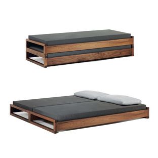 manufacturer:  Hertel Klarhoefer Industrial Design  price:$2,500.00-$3,440.00  With no hardware or gizmos, this stacking bed—available in beech, maple, American cherry, walnut, and white glazed oak—is as fetching configured as a twin or as a double. Sofa Pouf, Guest Bed, Spare Room, Murphy Bed, Porch Ideas, Guest Bedroom, Futon, تصميم داخلي, Cool Furniture