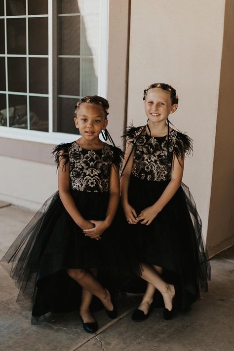 #wedding #weddinginspiration #flowergirldress #blackandgoldwedding Flower Girl Dresses Black, Black Flower Girl Dress, Flower Girl Outfit, Venue Decorations, Wedding Venue Decorations, Dress Flower, Black Flower, Flower Girl Dress, Flower Girls