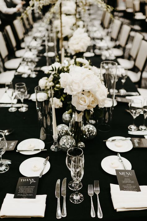 Wedding Dinner Tablescape. Wedding Dinner Set Up. Wedding seating. Reception Seating. Wedding Reception. Wedding Seating Reception, Black Wedding Table Setting, Black Wedding Table, Dinner Tablescape, Seating Wedding, Tablescape Wedding, Dark Wedding Theme, Black And White Wedding Theme, Nye Wedding