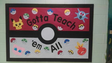 My pokemon board for welcoming new students to VPK Pokemon Bulletin Board Ideas, Pokemon Themed Classroom, Pokemon Door Decorations, Pokemon Bulletin Board, Pokémon Classroom, Lego Classroom Theme, Teacher Decorations, Classroom Vibes, Kids Bulletin Boards