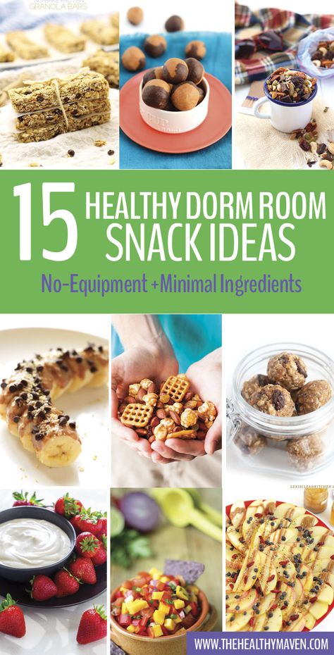 A round-up of healthy dorm room snack ideas that don't require any equipment and can be made with 5 ingredients of less. Perfect for any health-conscious college student with limited space and budget! Room Snack Ideas, Healthy Dorm Snacks, Dorm Room Snacks, Dorm Snacks, College Snacks, Recipes For College Students, Dorm Food, Healthy College, College Meals