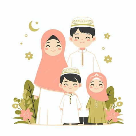 Islamic Family, Wallpaper Iphone Love, Muslim Family, Family Cartoon, Family Of 4, Islamic Posters, Family Illustration, Ramadan Decorations, Eid Mubarak