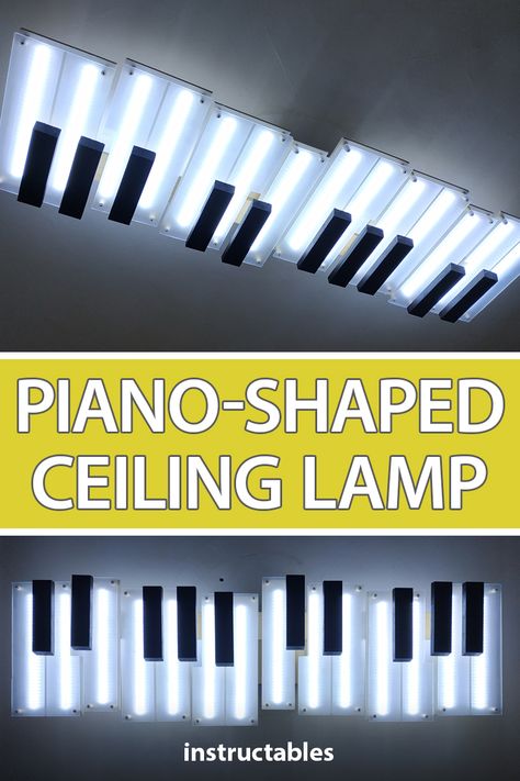 Use plexiglass, wood, and LEDs to make a piano-shaped ceiling light. #Instructables #lighting #music #home #decor Music Themed Rooms, Ceiling Diy, Music Home Decor, Lamp Inspiration, Lamp Diy, Music Room Decor, Piano Room, Diy Chandelier, Black Tiles